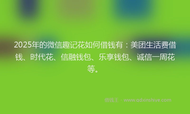 2025年的微信趣记花如何借钱有：美团生活费借钱、时代花、信融钱包、乐享钱包、诚信一周花等。