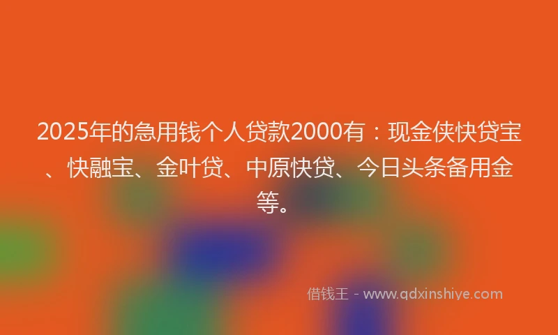 2025年的急用钱个人贷款2000有：现金侠快贷宝、快融宝、金叶贷、中原快贷、今日头条备用金等。
