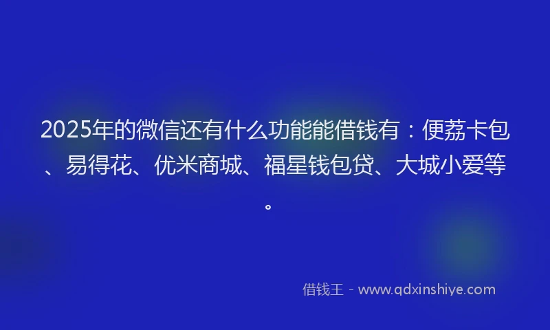 2025年的微信还有什么功能能借钱有：便荔卡包、易得花、优米商城、福星钱包贷、大城小爱等。