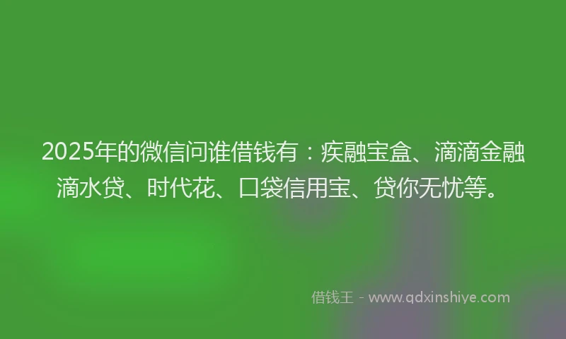 2025年的微信问谁借钱有：疾融宝盒、滴滴金融滴水贷、时代花、口袋信用宝、贷你无忧等。