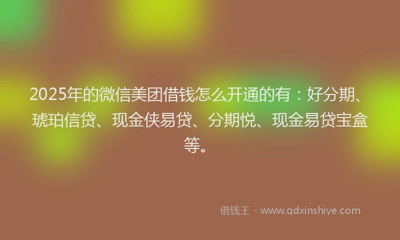 2025年的微信美团借钱怎么开通的有：好分期、琥珀信贷、现金侠易贷、分期悦、现金易贷宝盒等。