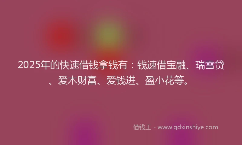 2025年的快速借钱拿钱有：钱速借宝融、瑞雪贷、爱木财富、爱钱进、盈小花等。