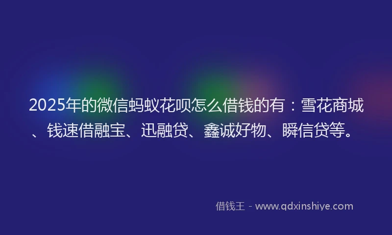 2025年的微信蚂蚁花呗怎么借钱的有：雪花商城、钱速借融宝、迅融贷、鑫诚好物、瞬信贷等。