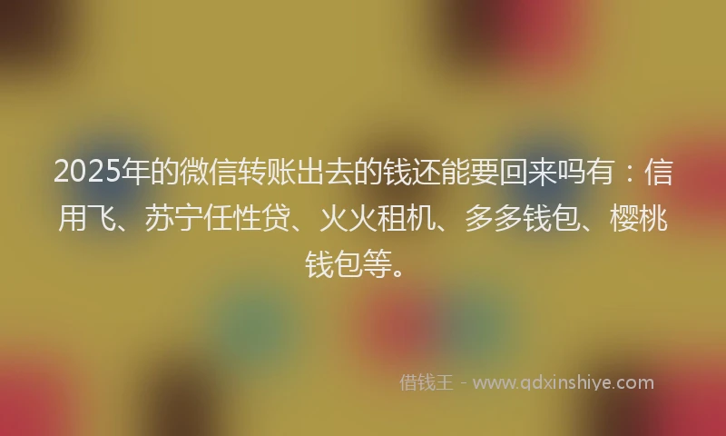 2025年的微信转账出去的钱还能要回来吗有：信用飞、苏宁任性贷、火火租机、多多钱包、樱桃钱包等。