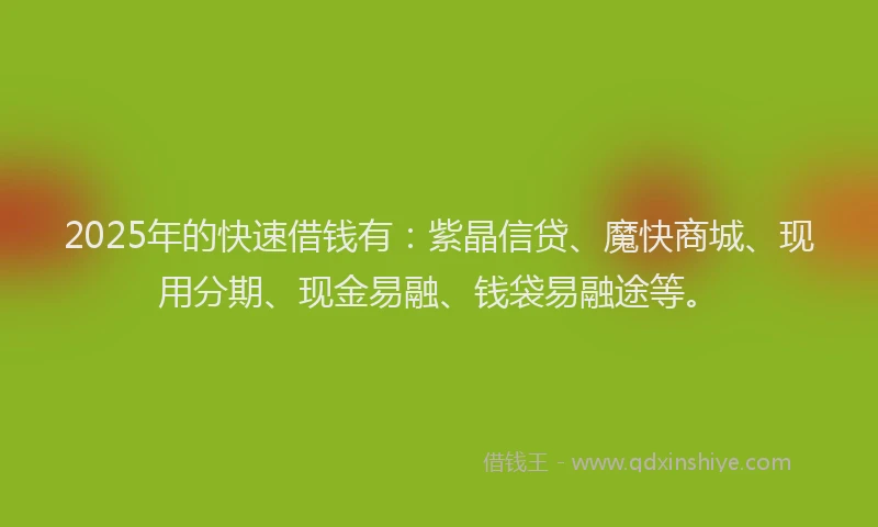 2025年的快速借钱有：紫晶信贷、魔快商城、现用分期、现金易融、钱袋易融途等。