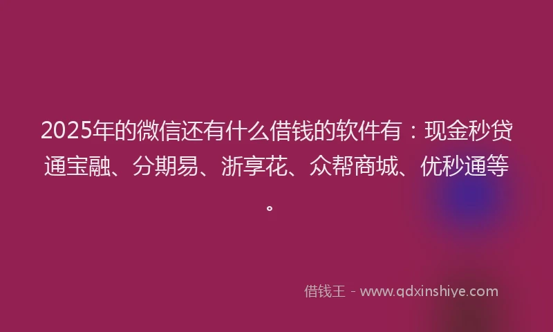 2025年的微信还有什么借钱的软件有：现金秒贷通宝融、分期易、浙享花、众帮商城、优秒通等。
