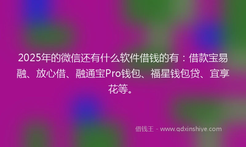 2025年的微信还有什么软件借钱的有：借款宝易融、放心借、融通宝Pro钱包、福星钱包贷、宜享花等。