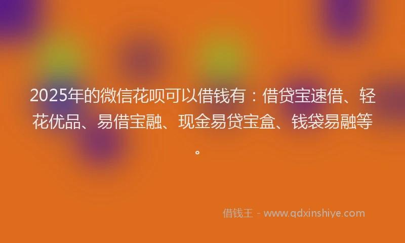 2025年的微信花呗可以借钱有：借贷宝速借、轻花优品、易借宝融、现金易贷宝盒、钱袋易融等。