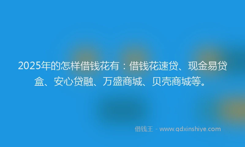 2025年的怎样借钱花有:借钱花速贷、现金易贷盒、安心贷融、万盛商城、贝壳商城等。