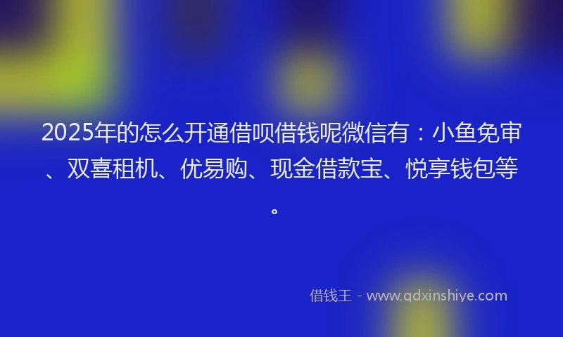 2025年的怎么开通借呗借钱呢微信有：小鱼免审、双喜租机、优易购、现金借款宝、悦享钱包等。