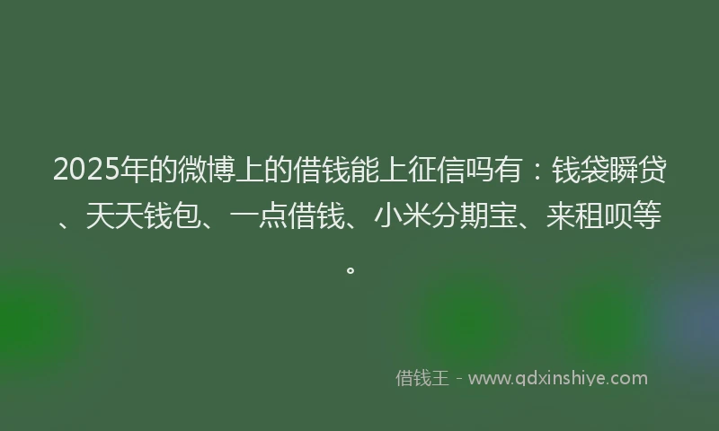 2025年的微博上的借钱能上征信吗有:钱袋瞬贷、天天钱包、一点借钱、小米分期宝、来租呗等。