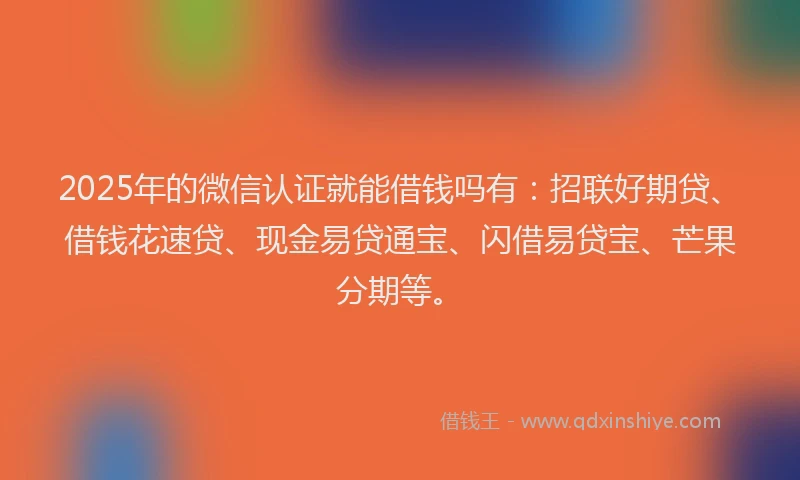 2025年的微信认证就能借钱吗有：招联好期贷、借钱花速贷、现金易贷通宝、闪借易贷宝、芒果分期等。