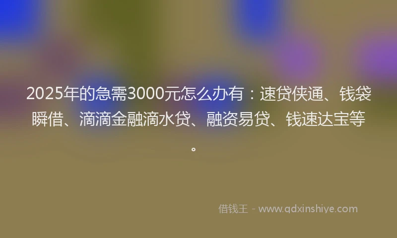 2025年的急需3000元怎么办有：速贷侠通、钱袋瞬借、滴滴金融滴水贷、融资易贷、钱速达宝等。