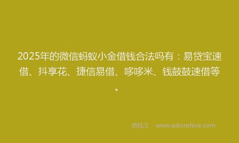2025年的微信蚂蚁小金借钱合法吗有：易贷宝速借、抖享花、捷信易借、哆哆米、钱鼓鼓速借等。