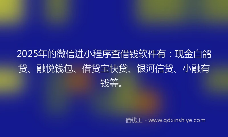 2025年的微信进小程序查借钱软件有：现金白鸽贷、融悦钱包、借贷宝快贷、银河信贷、小融有钱等。