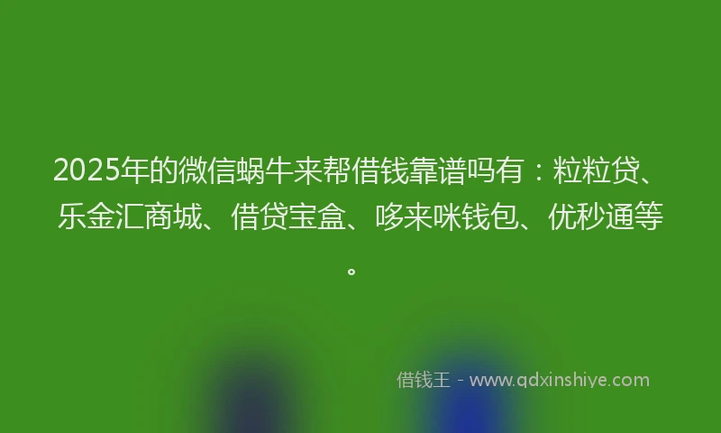 2025年的微信蜗牛来帮借钱靠谱吗有：粒粒贷、乐金汇商城、借贷宝盒、哆来咪钱包、优秒通等。