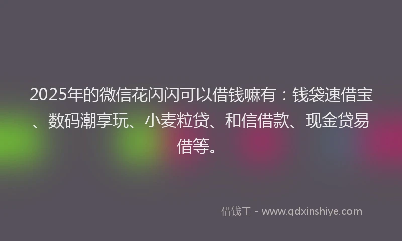 2025年的微信花闪闪可以借钱嘛有：钱袋速借宝、数码潮享玩、小麦粒贷、和信借款、现金贷易借等。
