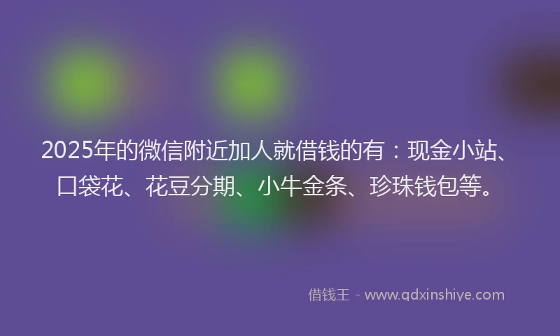 2025年的微信附近加人就借钱的有：现金小站、口袋花、花豆分期、小牛金条、珍珠钱包等。