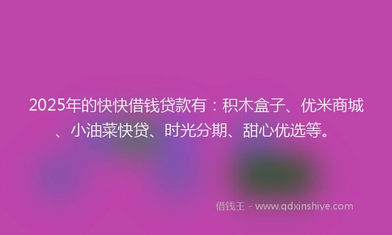 2025年的快快借钱贷款有：积木盒子、优米商城、小油菜快贷、时光分期、甜心优选等。