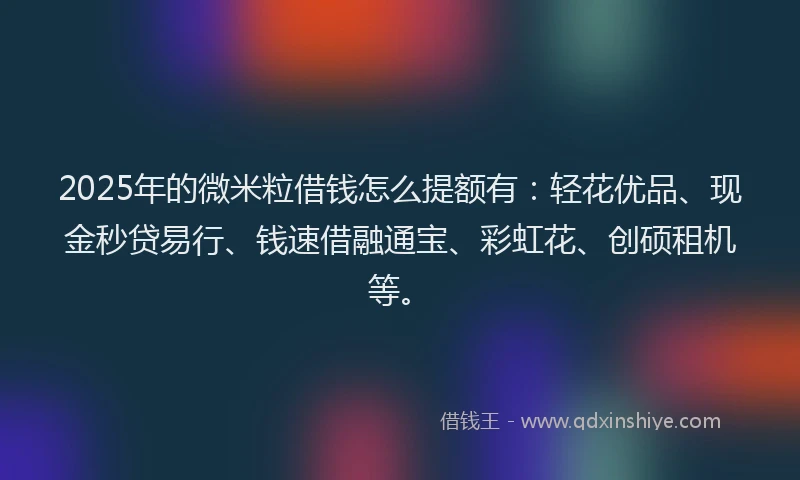 2025年的微米粒借钱怎么提额有:轻花优品、现金秒贷易行、钱速借融通宝、彩虹花、创硕租机等。