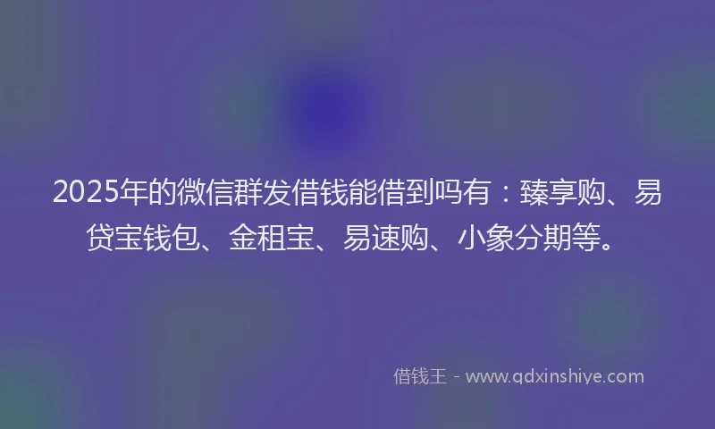 2025年的微信群发借钱能借到吗有：臻享购、易贷宝钱包、金租宝、易速购、小象分期等。