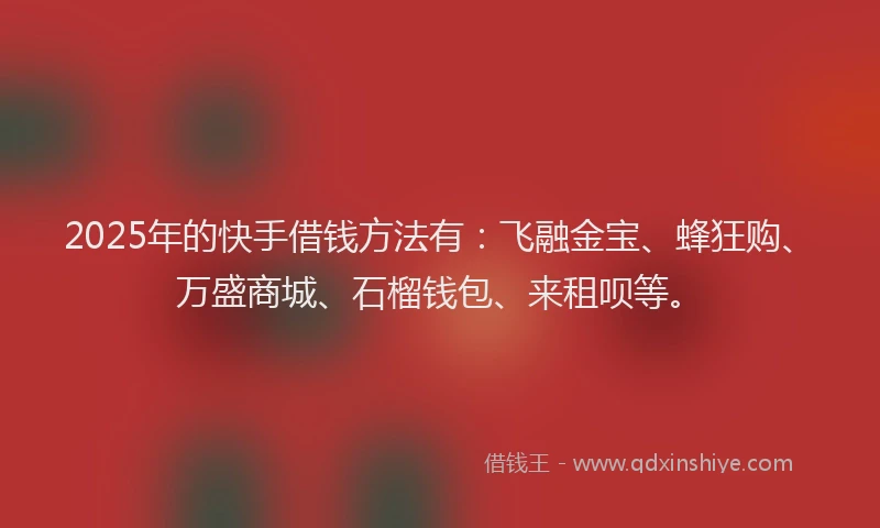 2025年的快手借钱方法有：飞融金宝、蜂狂购、万盛商城、石榴钱包、来租呗等。