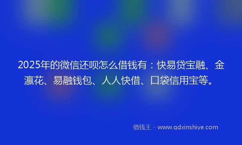 2025年的微信还呗怎么借钱有：快易贷宝融、金瀛花、易融钱包、人人快借、口袋信用宝等。