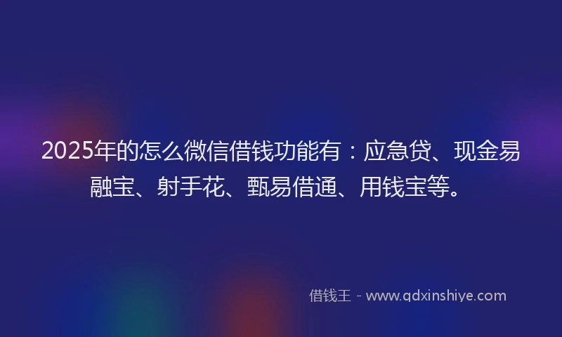 2025年的怎么微信借钱功能有:应急贷、现金易融宝、射手花、甄易借通、用钱宝等。