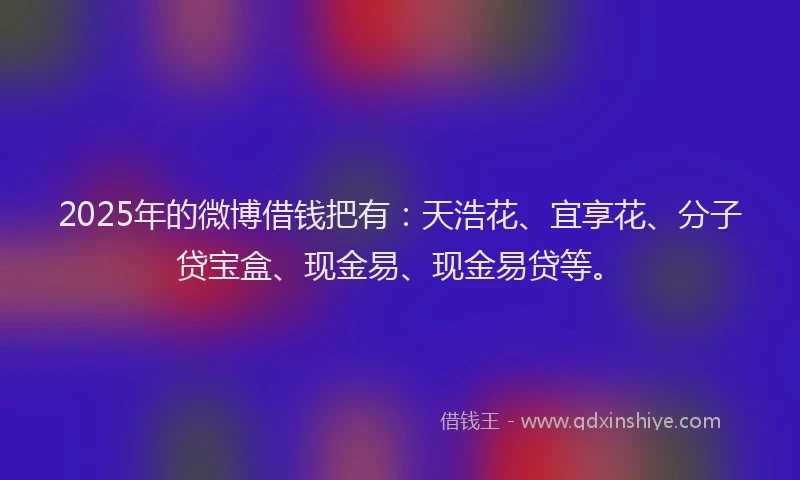 2025年的微博借钱把有：天浩花、宜享花、分子贷宝盒、现金易、现金易贷等。
