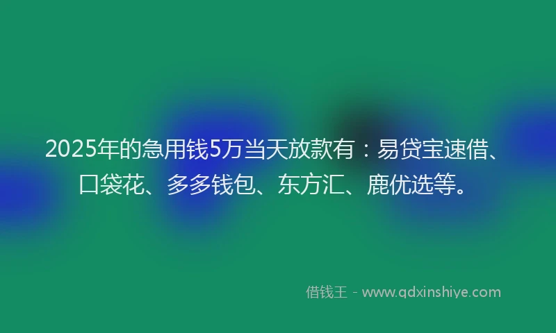 2025年的急用钱5万当天放款有：易贷宝速借、口袋花、多多钱包、东方汇、鹿优选等。