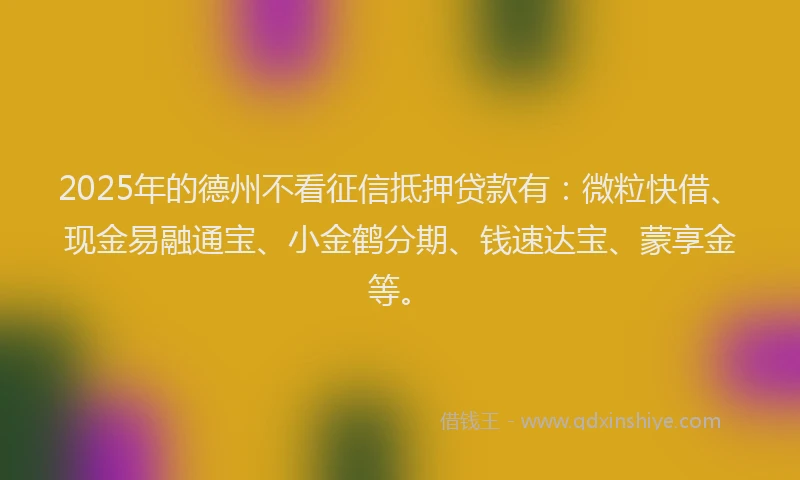 2025年的德州不看征信抵押贷款有：微粒快借、现金易融通宝、小金鹤分期、钱速达宝、蒙享金等。