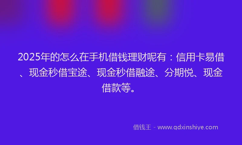 2025年的怎么在手机借钱理财呢有：信用卡易借、现金秒借宝途、现金秒借融途、分期悦、现金借款等。