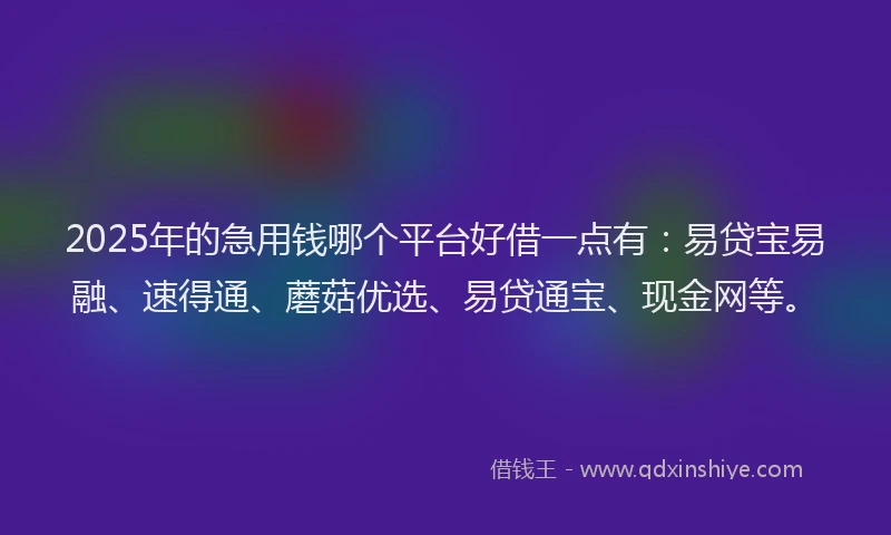 2025年的急用钱哪个平台好借一点有：易贷宝易融、速得通、蘑菇优选、易贷通宝、现金网等。