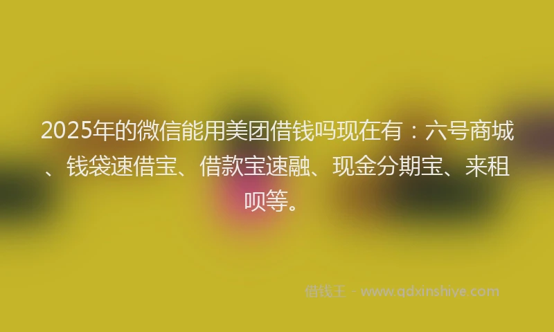 2025年的微信能用美团借钱吗现在有：六号商城、钱袋速借宝、借款宝速融、现金分期宝、来租呗等。