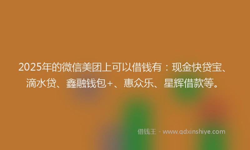 2025年的微信美团上可以借钱有：现金快贷宝、滴水贷、鑫融钱包+、惠众乐、星辉借款等。
