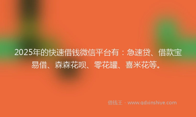 2025年的快速借钱微信平台有：急速贷、借款宝易借、森森花呗、零花罐、喜米花等。
