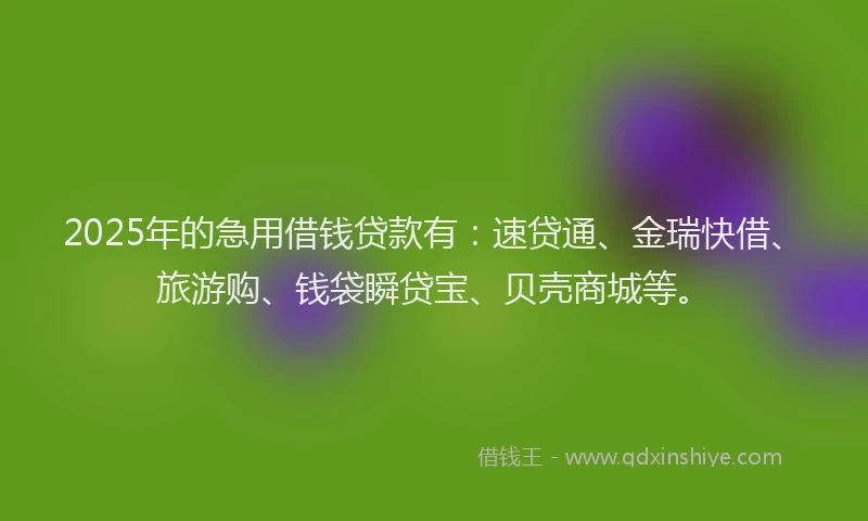 2025年的急用借钱贷款有：速贷通、金瑞快借、旅游购、钱袋瞬贷宝、贝壳商城等。