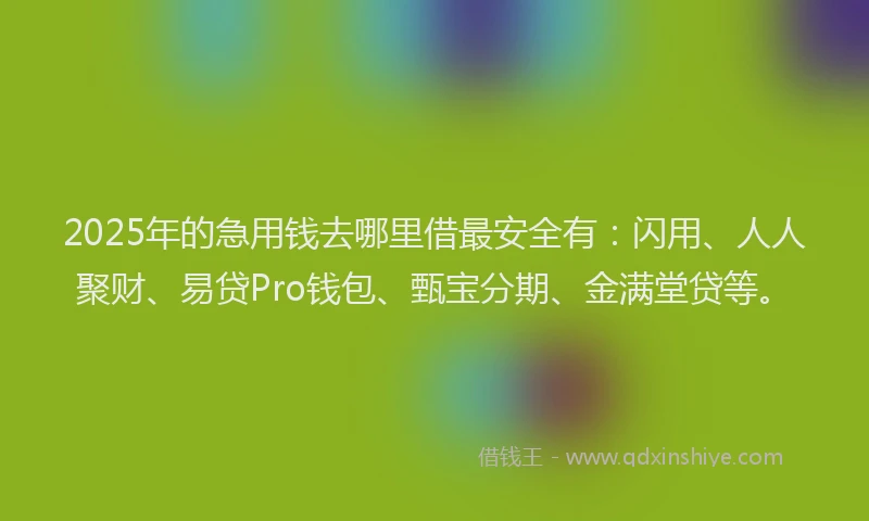 2025年的急用钱去哪里借最安全有：闪用、人人聚财、易贷Pro钱包、甄宝分期、金满堂贷等。