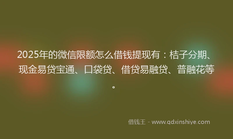 2025年的微信限额怎么借钱提现有：桔子分期、现金易贷宝通、口袋贷、借贷易融贷、普融花等。