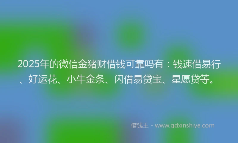 2025年的微信金猪财借钱可靠吗有：钱速借易行、好运花、小牛金条、闪借易贷宝、星愿贷等。
