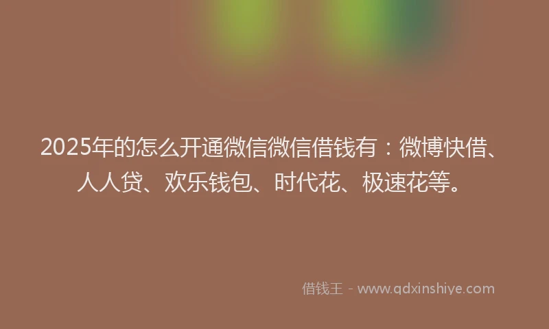 2025年的怎么开通微信微信借钱有：微博快借、人人贷、欢乐钱包、时代花、极速花等。