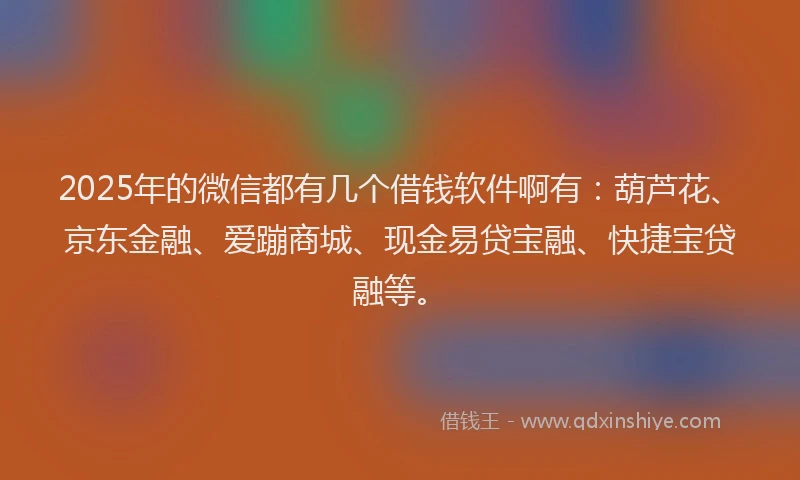 2025年的微信都有几个借钱软件啊有：葫芦花、京东金融、爱蹦商城、现金易贷宝融、快捷宝贷融等。
