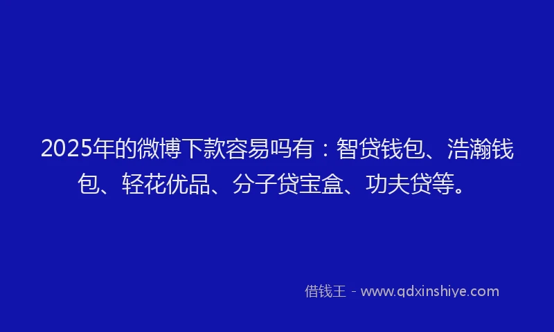 2025年的微博下款容易吗有：智贷钱包、浩瀚钱包、轻花优品、分子贷宝盒、功夫贷等。