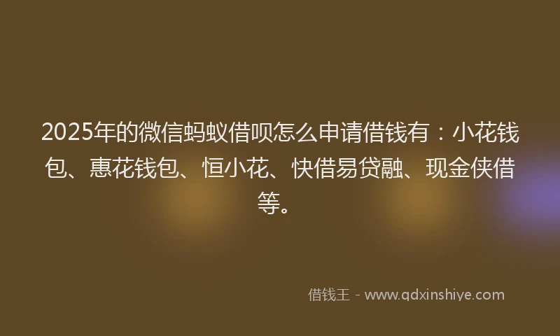 2025年的微信蚂蚁借呗怎么申请借钱有：小花钱包、惠花钱包、恒小花、快借易贷融、现金侠借等。