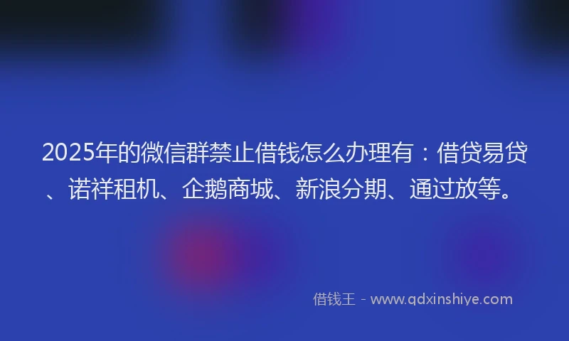 2025年的微信群禁止借钱怎么办理有：借贷易贷、诺祥租机、企鹅商城、新浪分期、通过放等。