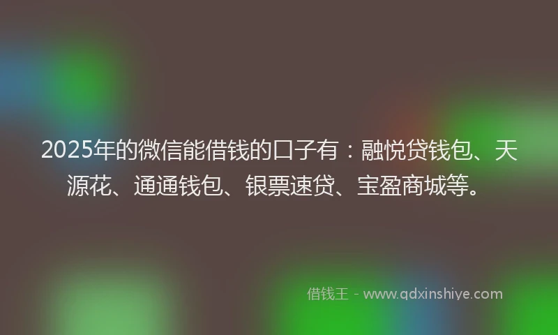 2025年的微信能借钱的口子有：融悦贷钱包、天源花、通通钱包、银票速贷、宝盈商城等。