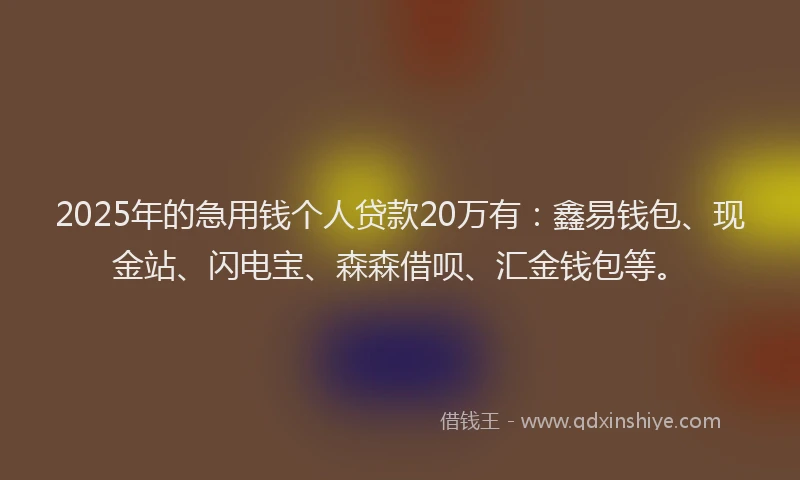 2025年的急用钱个人贷款20万有：鑫易钱包、现金站、闪电宝、森森借呗、汇金钱包等。