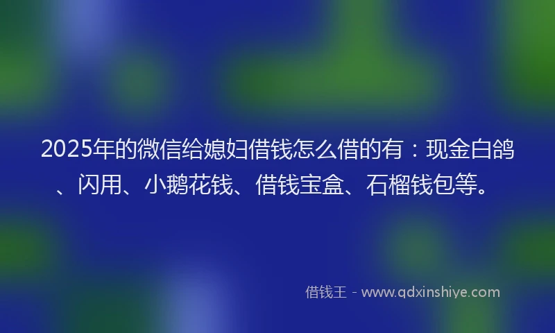 2025年的微信给媳妇借钱怎么借的有：现金白鸽、闪用、小鹅花钱、借钱宝盒、石榴钱包等。