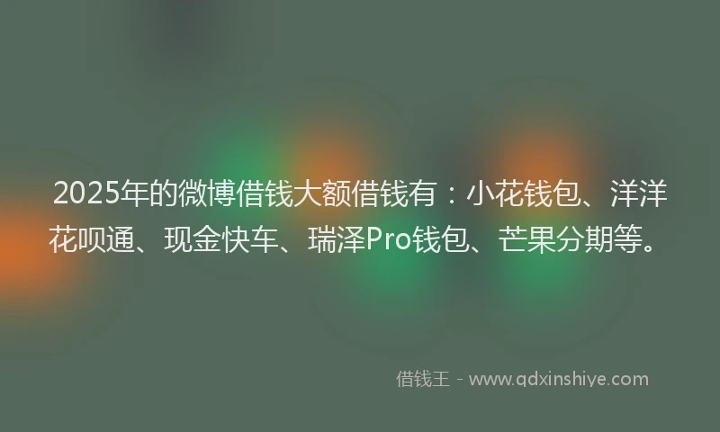 2025年的微博借钱大额借钱有：小花钱包、洋洋花呗通、现金快车、瑞泽Pro钱包、芒果分期等。