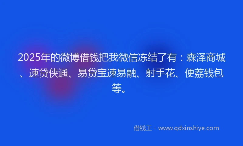 2025年的微博借钱把我微信冻结了有：森泽商城、速贷侠通、易贷宝速易融、射手花、便荔钱包等。